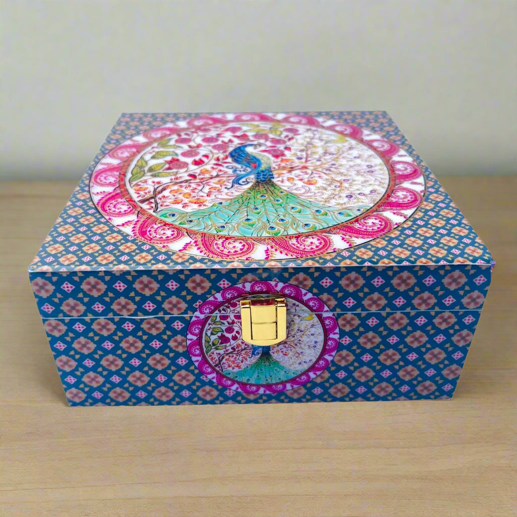 Peacock print digital laminated wooden gift box with 4 airtight jars, premium festive gifting for dry fruits, chocolates, cookies, wedding return gifts, and corporate gifting.