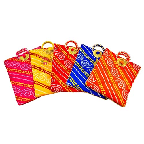 Traditional red and yellow Bandhej gifting bag 10x8 inch with drawstring – ideal for Indian wedding return gifts, haldi, mehendi, and festive favours